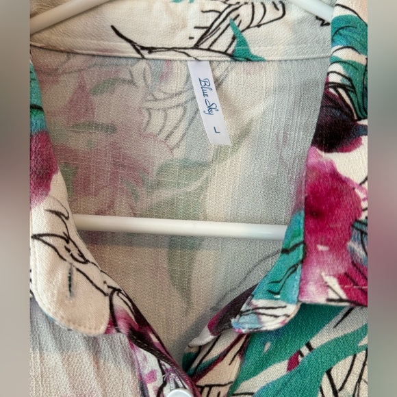 Blue Sky Floral Bamboo/Linen Fair Trade Button Down Flowy Blouse Size L - Picture 4 of 6